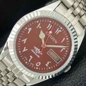 Vintage 1978 Citizen Automatic Mens Silver Watch W/daydate & Red accents